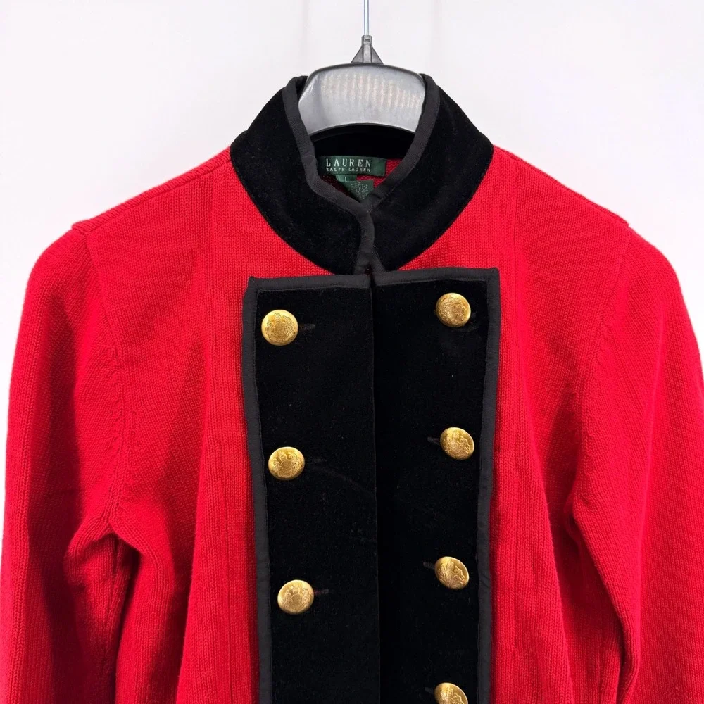Vtg. Lauren Ralph Lauren Womens Large Pre-Owned Sweater Red Velvet Trim Military